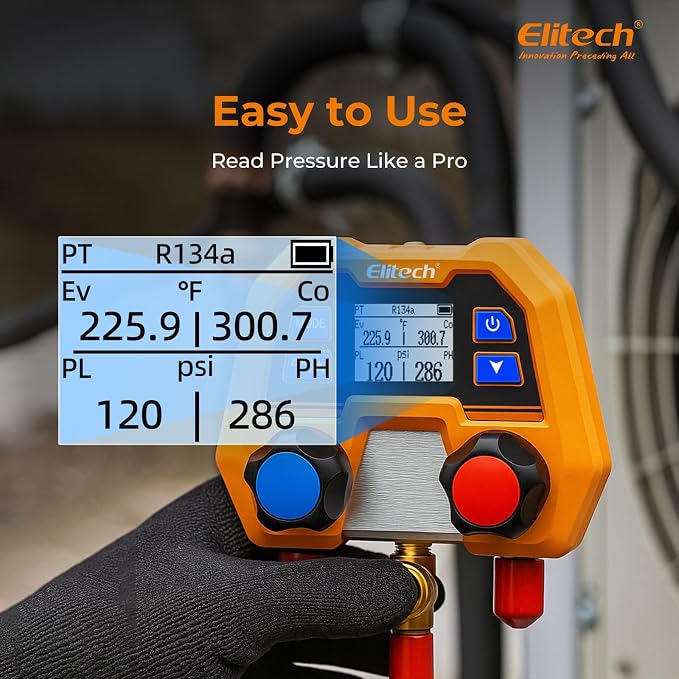 Elitech AC Gauge Set, Digital Manifold Gauge Set for HVAC & Automotive Systems, Supports 88 Refrigerants, DMG-2SE with 3 Color Hoses, R134a Quick Couplers, Can Tap & Wrench