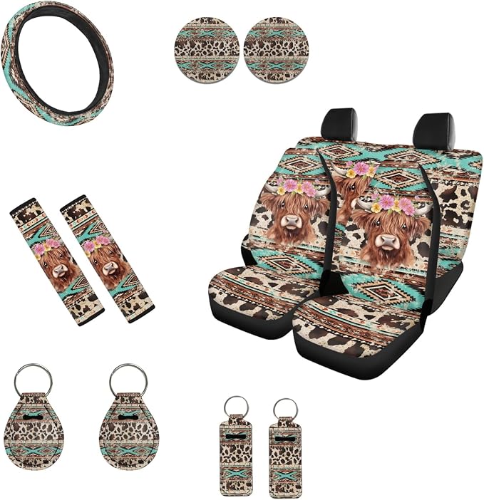 INSTANTARTS Aztec Highland Cow Flower Car Front Rear Seat Covers Auto Interior Protector Chapstick Holder Keychain Cup Mat Pads Seat Belt Covers Steering Wheel Cover Fit for Most Cars