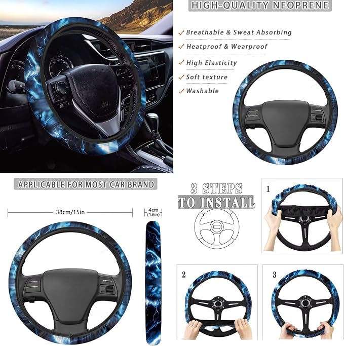 KEIAHUAN Blue Wolf Car Seat Cover Full Set for Men Includes Steering Wheel Covers, Car Holder, Handbrake and Gear Shift Knob Cover, Soft Auto Seat Head Rest Cover 11 Pieces