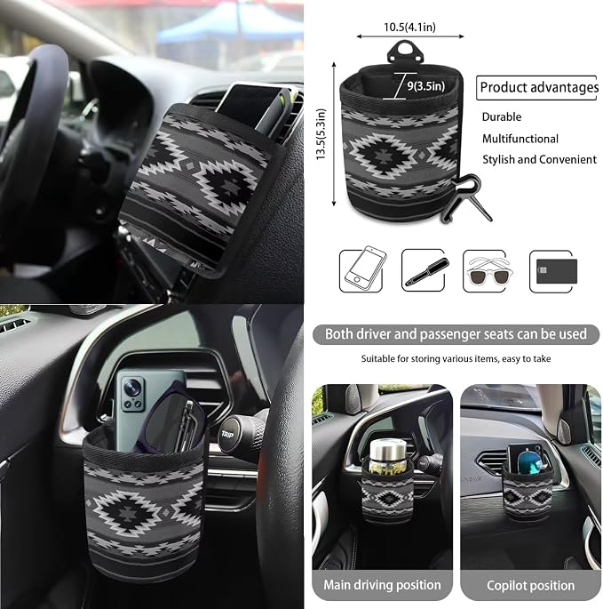 Wanyint Aztec Black 15 PCS Car Seat Cover Full Set, with Steering Wheel Cover Seat Belt Strap Cover Trash Cans Rear View Mirror Cover Cup Coaster Keychain Air Vent Storage Bag Car Decor Universal Fit