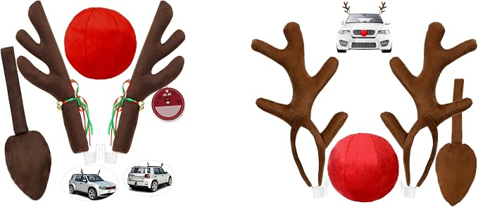 Car Reindeer Antlers & Nose Decorations - Premium Xmas Rudolph Antlers Kit with Red Nose, Tail, and Ears - Cute Auto Holiday Accessories for SUV, Van, Truck Roof Top Christmas Decorations