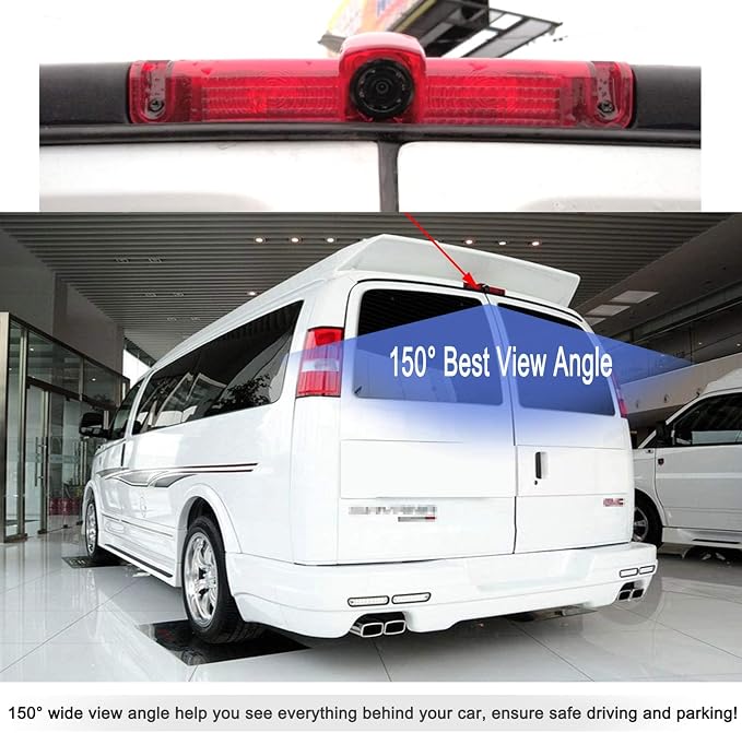 EWAY 3rd Third Brake Light Backup Camera for Chevrolet Express/GMC Savana Explorer Van 1500 2500 3500 2003-2019 Roof Mount Reversing Camera for Cargo Top Rear Brake Light w/ 8 IR Light Night Vision