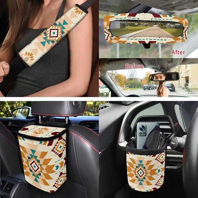 XYZCANDO Ethnic Prints Auto Interior 15 PCS Full Set Car Seat Cover Set Steering Wheel Cover Seat Garbage Bag Storage Box Belt Pads Cover Car Rear View Mirror Cover Coasters Keychain Fit Most Cars