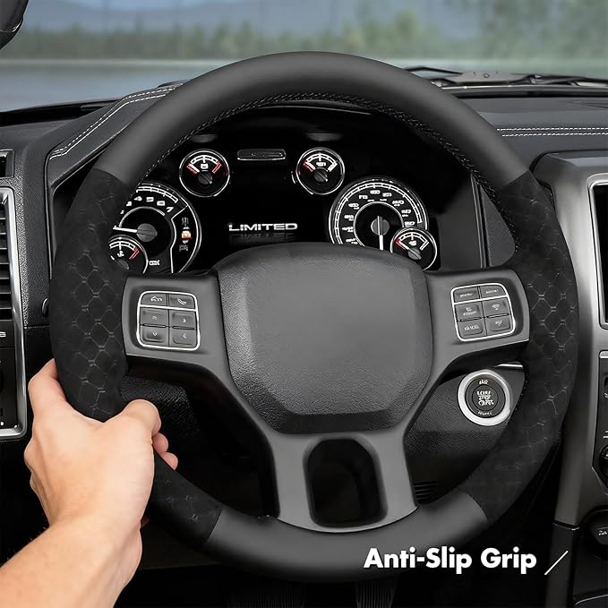MEWANT Hand Stitch Steering Wheel Cover for 1500 2012-2018 1500 Classic 2019-2023 2500 3500 5500 2012-2018 Black Diamond Embossed Athsuede GenuineLeather Interior Accessories
