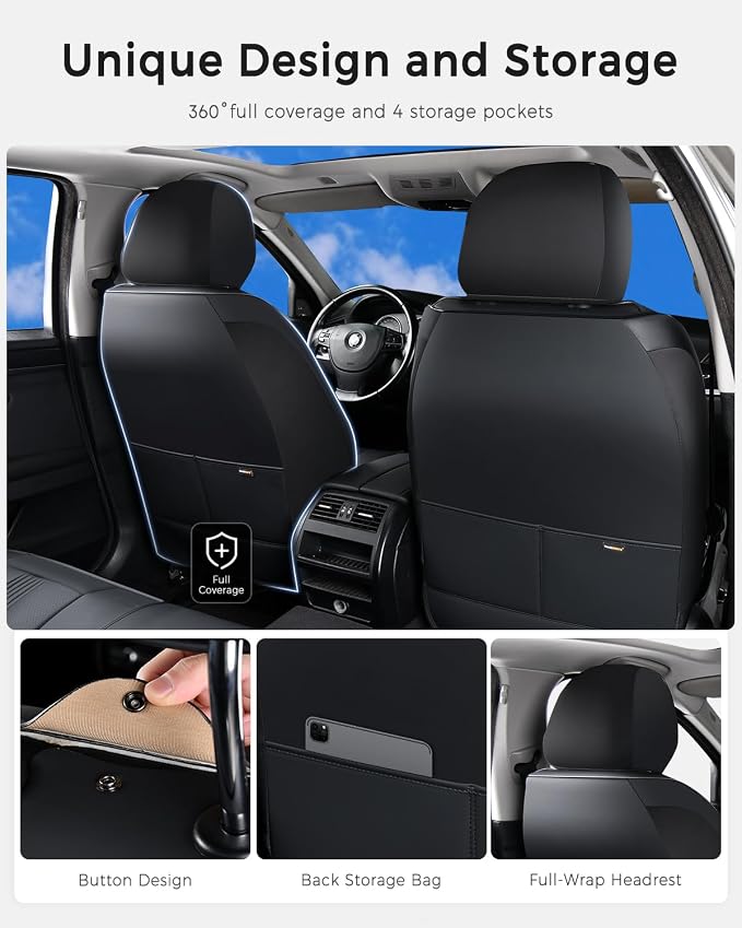 Huidasource Black Front Seat Cover, Nappa Leather Front Car Seat Cover with Lumbar Support, Ventilation Holes, Elastic Fabric, Airbag, Full-Coverage Seat Covers, Fit for Most Cars SUV Trucks, Black