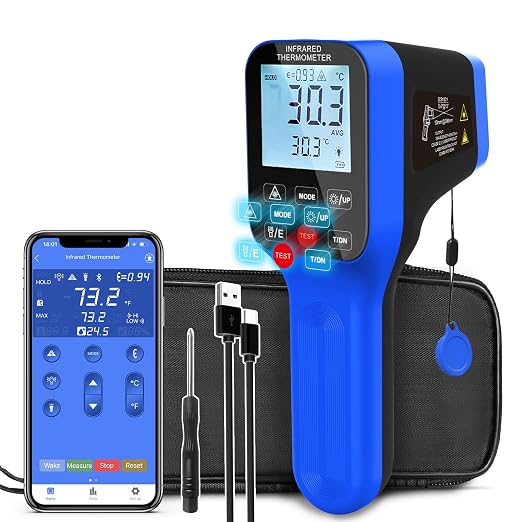 Pyrometer AI-1600APP, -58℉~2912℉ High Temp Thermometer Gun D:S=30:1 Dual Laser Industrial ir Thermometer Gun w/Touch Buttons, Rechargeable Can be Connected to Phone APP (NOT for Human Temp)