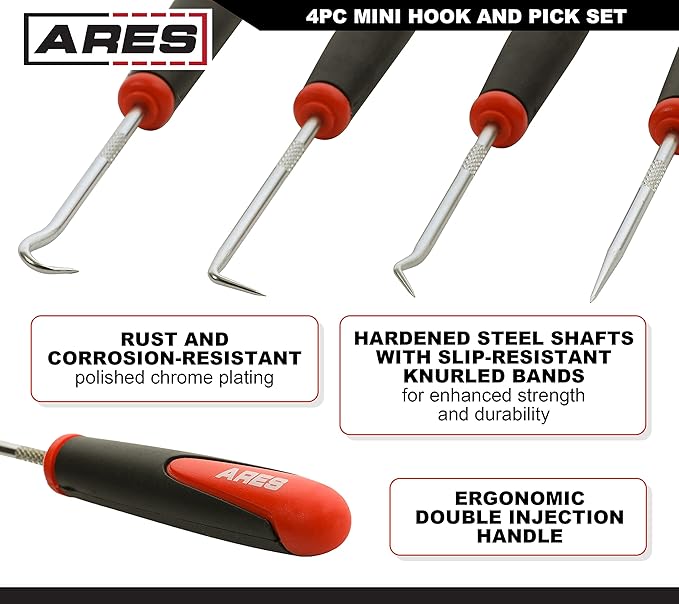 ARES 10034 – Mini Hook and Pick Set - 4-Piece Set Includes Angled, Straight, and Full Hooks and Picks - Hardened Steel Shafts - Easily Remove Hoses, O-Rings, and Gaskets