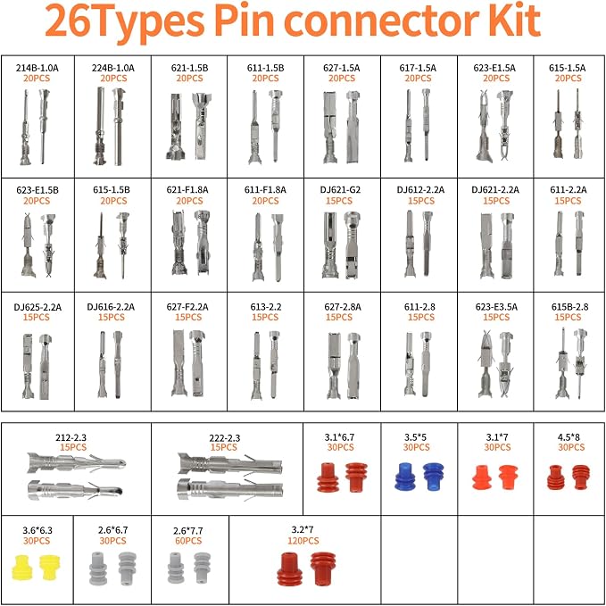 26Type Pin Connectors Kit with Crimping Pliers,827pcs Automotive Car Electrical Wire Pins 1/1.5/1.8/2.2/2.8/3.5mm Non Insulated Wire Terminal Pin Kit.