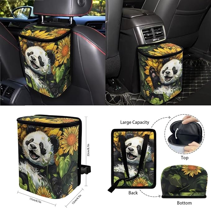 Panda Sunflower Print Car Accessories Set Car Seat Covers Seat Belt Strap Pad Steering Wheel Cover Air Vent Storage Bag Rear View Mirror Cover Trash Cans Coasters Keychain, 15 PCS