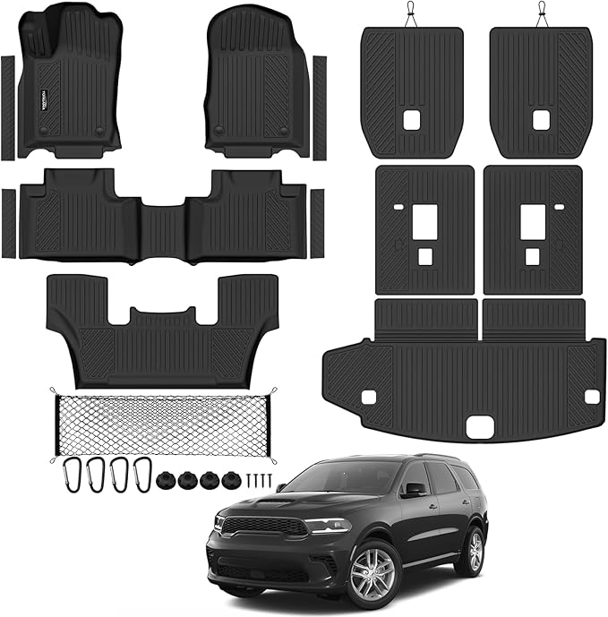Tongama-Floor Mats for 2016-2026 Dodge Durango 6 Seat with Bucket Seats, All Weather TPE Trunk Mat & 2nd/3rd Row Backrest Mats & Cargo Net & Door Sill Guards for Durango Floor Liner Accessories