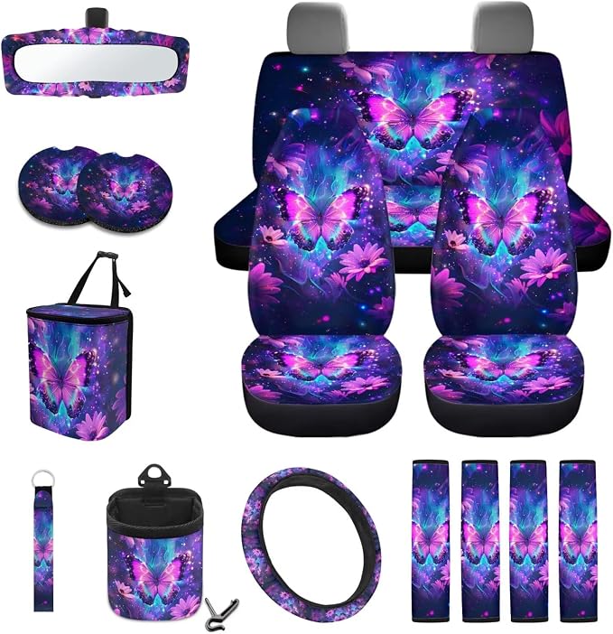 Butterfly Fire Sunflower Print Car 15pcs Accessories, Full Set Seat Covers for Cars Steering Wheel Cover Seat Belt Cover Trash Can Air Vent Pocket Mirror Cover Coasters Universal Fit