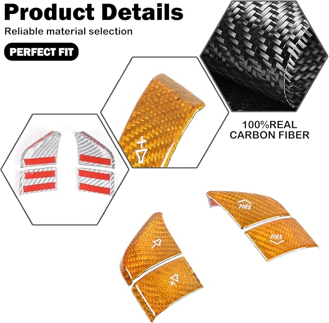 Dry Carbon Fiber Central Control Steering Volume Button Cover Compatible with Corvette C8 2020-2025 Accessories 4Pcs Center Consoles Steering Button Panel Sticker Decorative Interior Trim (Yellow)