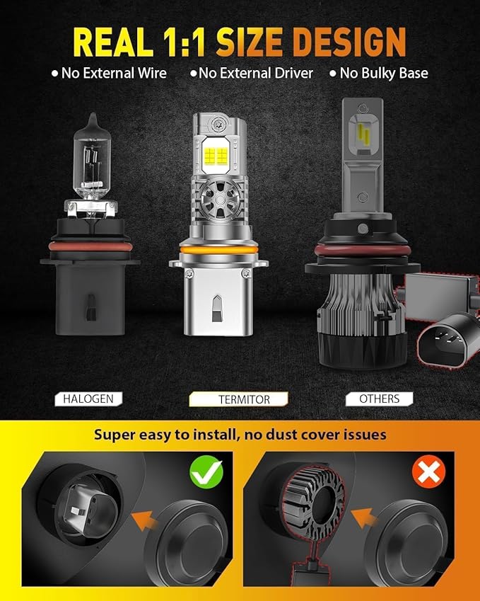 Termitor Upgraded 9007/HB5 Bulbs, 50,000LM Ultra Bright High/Low Beam, 6500K Cool White IP68 Waterproof, 9007 Fog Light 1:1 Mini Size with Cooling Fan, 70000+ Hours Lifespan, Plug and Play, Pack of 2