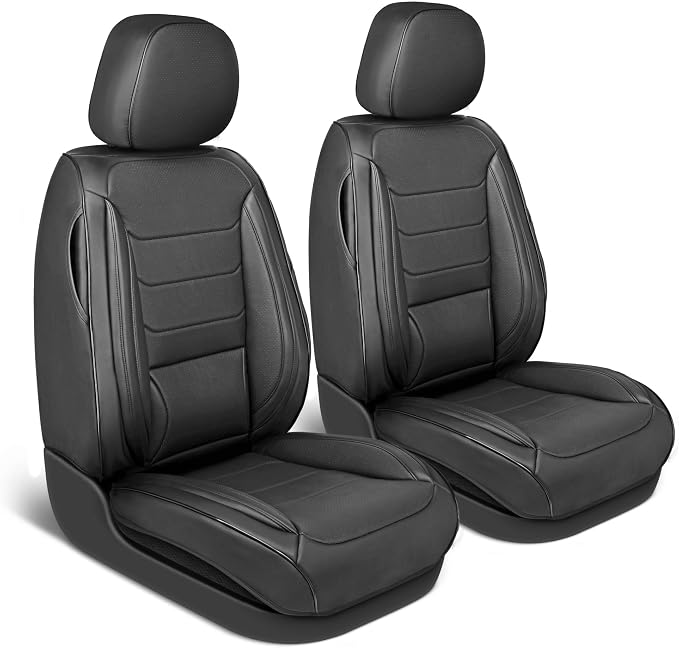 MotorBox Elite Edition Faux Leather Seat Covers for Cars, Trucks, & SUV - 2 Black Car Seat Covers for Front Seats - Universal Fit Car Accessories Automotive Interior Cover Protector for Most Vehicles