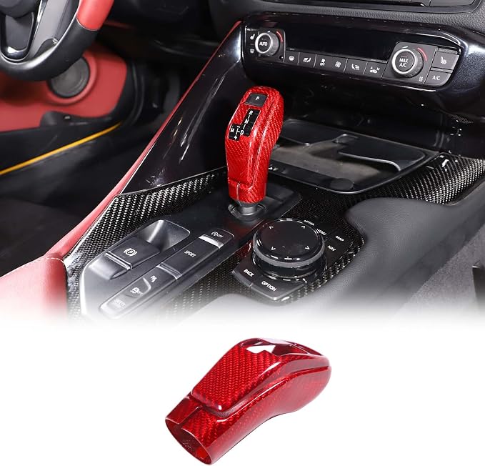 Real Carbon Fiber Gear Shift Head Cover and Front Head Cover Set Compatible with Toyota Supra GR A90 A91 MK5 2019-2026, Gear Shifter Knob Cover Protector Trim Cap 2Pcs (Red)