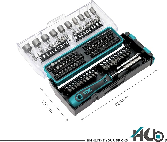 HB 112-Piece Magnetic Nut Driver & Bit Set KKM002-U, Phillips Pozi Slotted Hex Star Square Spline Tri-Wing Torq Clutch Bits, Magnetic Holder, Socket Adapter, Screwdriver Handle, Case, Made in Taiwan