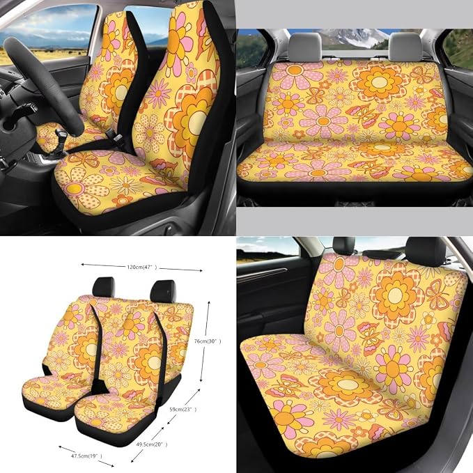 Hippie Flower Print 15 PCS Car Front Back Seat Cover Full Set, Seat Belt Strap Pad Steering Wheel Covers Air Vent Storage Bag Cup Holder Rear View Mirror Cover Key Chain Auto Decor