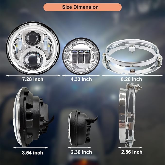 AlyoNed 7 inch Motorcycle LED Headlight 4.5" Fog Passing Lights DOT Kit Compatible with Harley Davidson Fat Boy Street Glide Heritage Softail Road King Switchback Electra Glide Ultra Classic Chrome