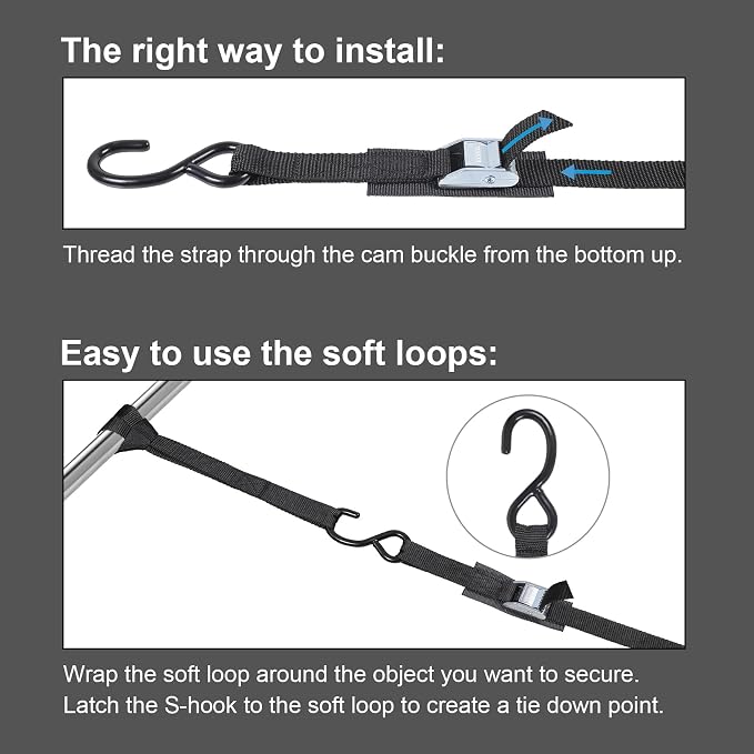 EXVITAL Tie Down Straps with Hook Cam Buckle Straps 1" x 8’ 1200lbs Break Strenght with Extra Soft Loops for Motorcycle, Kayak, ATVs, Dirt Bike, Truck, Car Black 2 Pack
