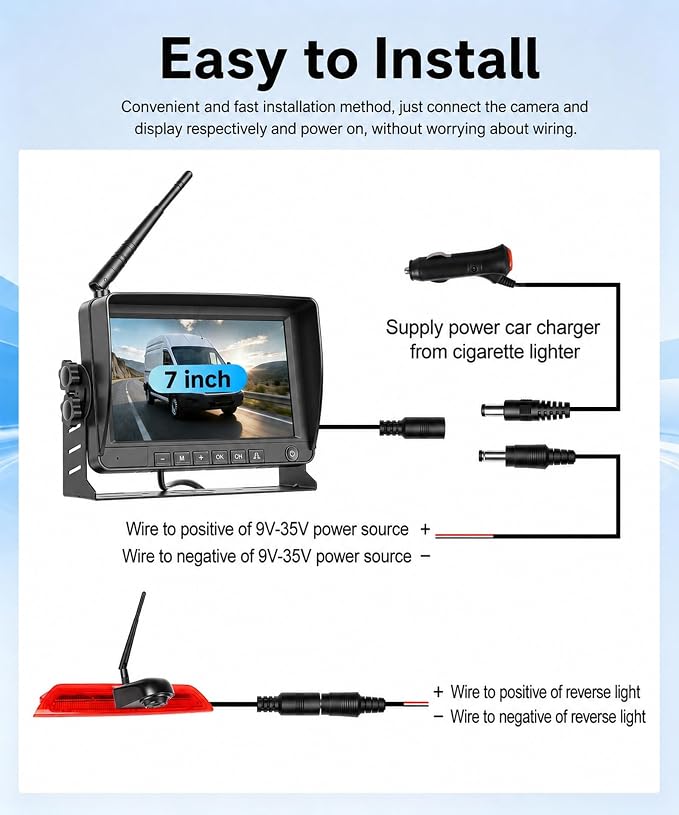 7'' Monitor Rear View Cam for Ford Transit 2014–2018,3rd Brake Light Replacement Cam,Black&White Night Vision,IP67,BSD Blind Spot Detection, Loop Recording,Parking Guide Lines,Adjustable Viewing Angle