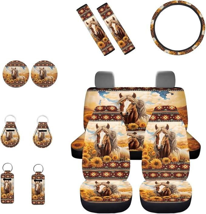 INSTANTARTS Horse Sunflower Car Seat Cover Set - Southwest Africa Aztec Set with 13 Pieces including Seat, Steering Wheel and Coaster