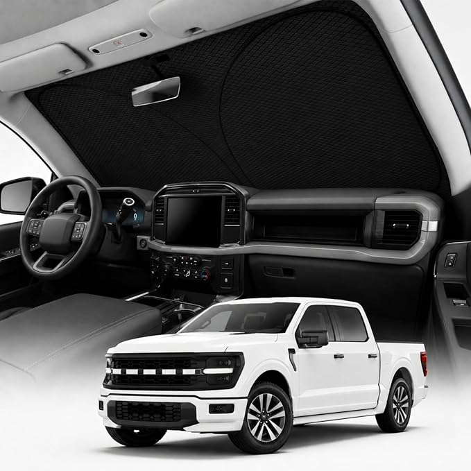 REEVAA 2026 3rd Pro Windshield Sunshade for 2015-2026 Ford F150/250/350/450 | Dual-Layer Heat & Sun Defense, OEM Design | Foldable Sun Shade Car Accessories with Storage Bag