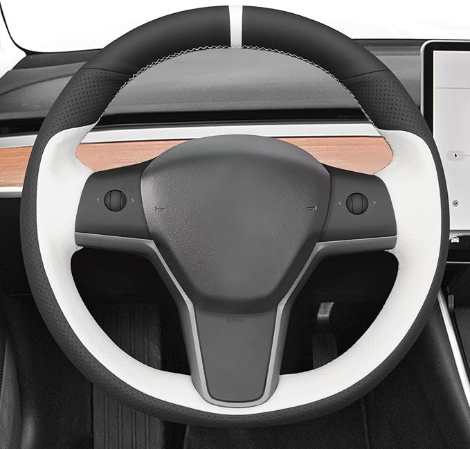 MEWANT Hand Stitch Steering Wheel Cover for Tesla Model Y 2023 Model 3 2023 DIY Steering Wheel Wrap Interior Accessory