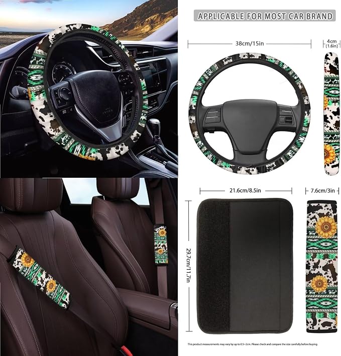 Aztec Sunflower Cowhide Print 15Pcs Car Seat Cover Full Set Car Steering Wheel Cover Seat Belt Cover Trash Bin Air Vent Storage Box Front Rear View Mirror Car Cup Holder Keychain