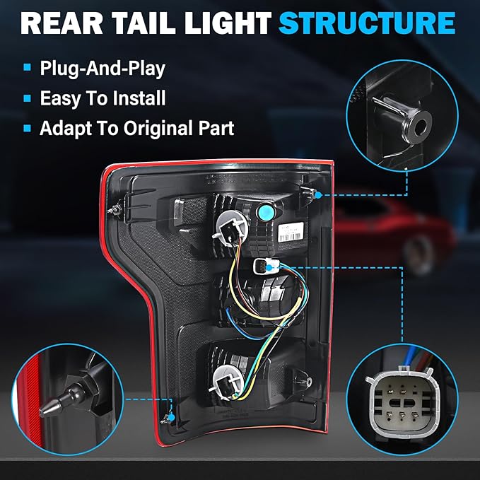 Tail Lights Assembly Compatible with 2018 2019 2020 Ford F-150 Right Passenger Side Rear Light Brake Lamp Taillight with Bulb and Harness Replace JL3Z13404H