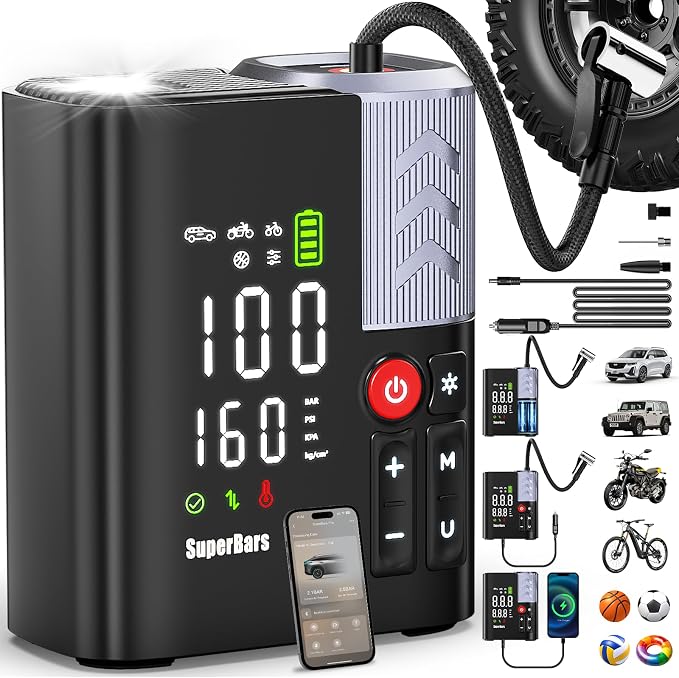 Tire Inflator Portable Air Compressor, 48LPM 160PSI Fast Air Pump with APP Control, 7800mAh & 12V DC Dual Power, Auto Shut-Off, Cordless Pump for Car Tires, SUV, Pickup, Bike, Lawnmower