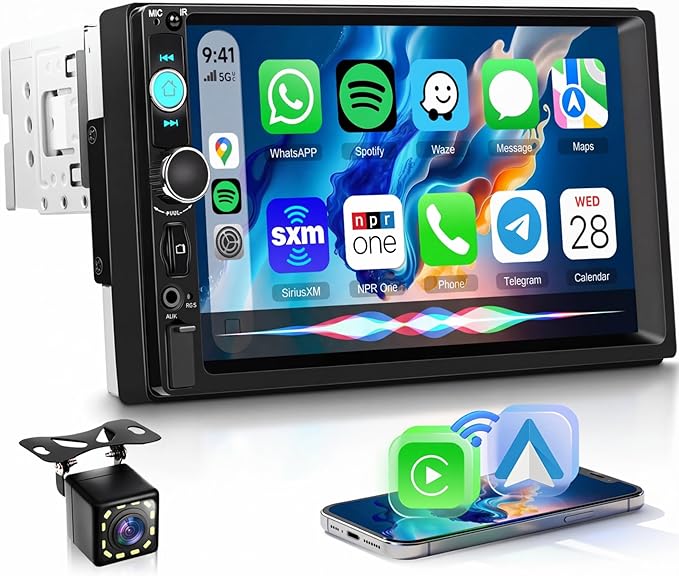 Rimoody 7 Inch Single Din Wireless CarPlay Touchscreen Car Stereo, 1 Din Car Radio with Wireless Android Auto Yo-u-Tu-be Video Bluetooth FM Radio SWC EQ Mirror Link Car Player Rear View Camera