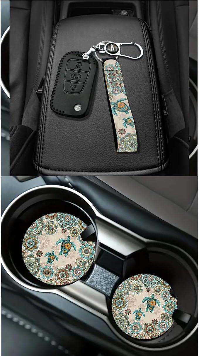 Dreaweet Sea Turtle Seat Covers for Cars Full Set 15 Pcs Universal Boho Steering Wheel Cover Seat Belt Pads Car Coasters Trash Bag Air Vent Storage Pouch Rear View Mirror Cover Keychain