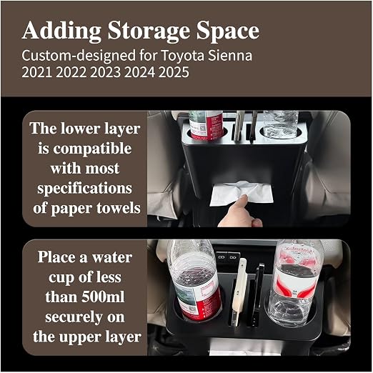 Car Cup Holder Paper Drawer Storage Box for Toyota Sienna 2024-2025, Multi Functional Paper Box for Car Middle Rown, Black Color, 1 PC (Water Cup Storage Box for Sienna 21-25)