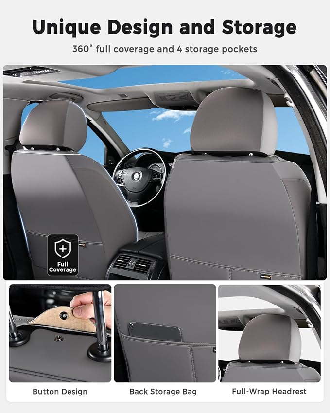 Huidasource Car Seat Covers Full Set, Leather Seat Cover Universal Fit for Most Cars Sedans SUVs Trucks, Airbag Compatible, Cup Holder Access, Easy Install, Wipes Clean, Wear-Resistant, Gray
