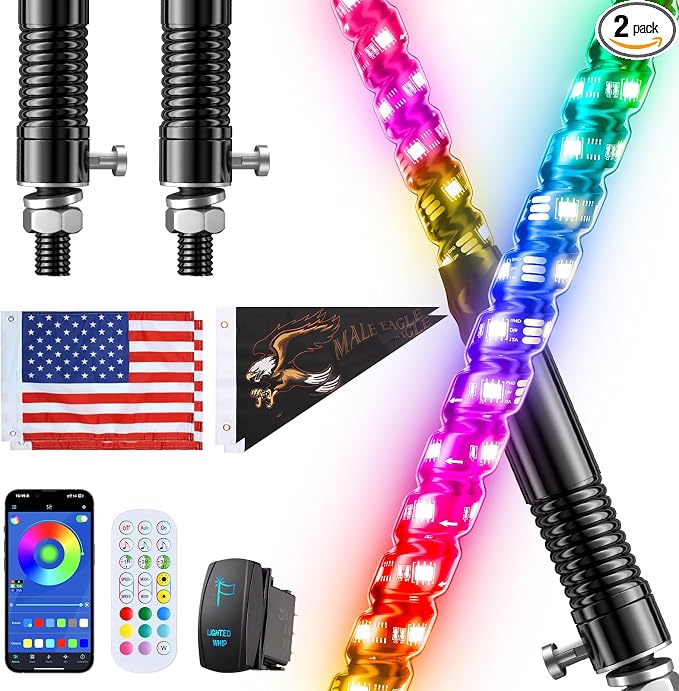 Ehaho 2 PCS 2FT Whip Lights with Spring Base, APP & Remote Control Led Whip Lights for Side by Side, Spiral RGB Chasing Lighted Whips with Rocker Switch, Music Led Whips for UTV ATV RZR SXS Can-Am