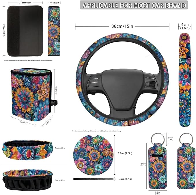 Hippie Flowers 12 Pack Car Seat Covers Sets Steering Wheel Accessories Car Seat Belt Cover Rear View Mirror Cover Trash Bin Car Coasters Wristlet Keychain Chapstick Holder