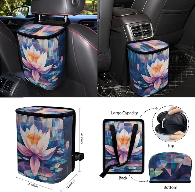 Lotus Digital Painting Pattern Auto Accessories Set of 15, Car Seat Cover Steering Wheel Cover Seat Belt Cover Air Vent Storage Bag Keychain Trash Bin and Mirror Cover