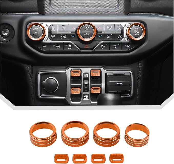 JeCar for Jeep Wrangler JL & Gladiator JT Window Switch Button Knob Cover Trim Kit, Orange Aluminum Interior Decoration Accessories (2018–2024 2025+), 8pcs