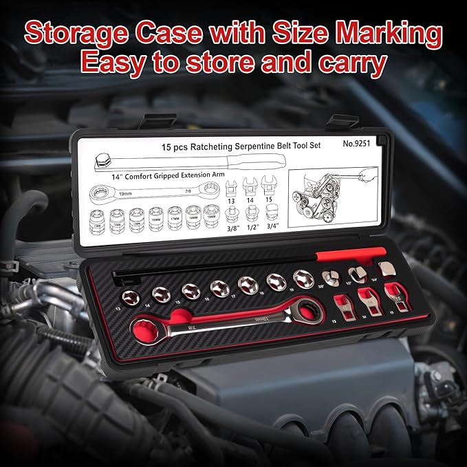 15PCS Serpentine Belt Tool Set, Professional Ratcheting Serpentine Belt Tensioner Tool for Removing and Installing Automotive Serpentine Belts