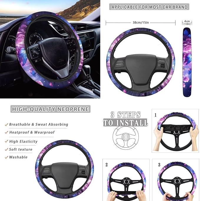 Beautiful Butterfly Roses Car Seat Cover Full Set for Women, with Car Steering Wheel Cover Auto Center Console Pad Seat Belt Pads, Automotive Interior Accessories Set of 8