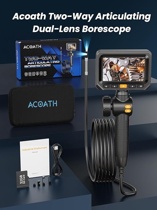 Acoath Two-Way Articulating Borescope, Endoscope Camera with Light, Dual-Lens 1080P Industrial Inspection Camera, 4.3" IPS Screen, 32GB Card, IP67 Waterproof Sewer Tools - 5FT