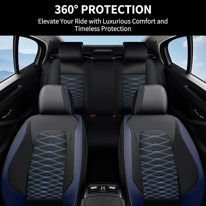 FLORICH Leather Seat Covers, Car Seat Covers Full Set, Car Seat Protector Waterproof, Front and Rear Seat Covers for Cars, Automotive Seat Covers Universal Fit for Most Cars SUV Truck - Blue&Black