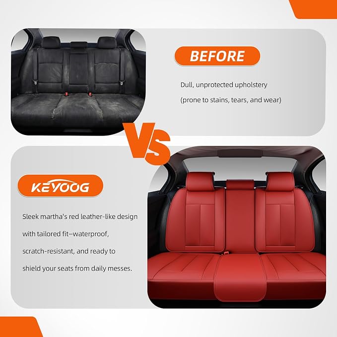 5-Seater Car Seat Covers Full Set, Fit for Front and Rear Seats of Cars, Waterproof and Breathable Nappa Leather, Compatible with Airbags, Car Seat Protector Covers for Most Cars - Wine red