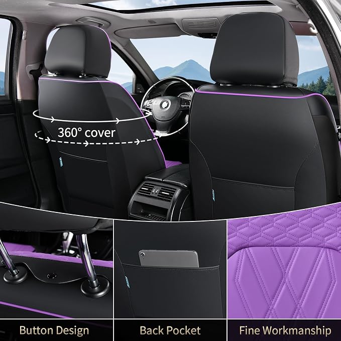 FLORICH Seat Covers for Cars Purple Leather Car Seat Covers Front Pair Breathable Automotive Car Seat Cover Non-Slip Easy Installation Comfortable Universal Fit for Most Car Truck SUV, Black&Purple