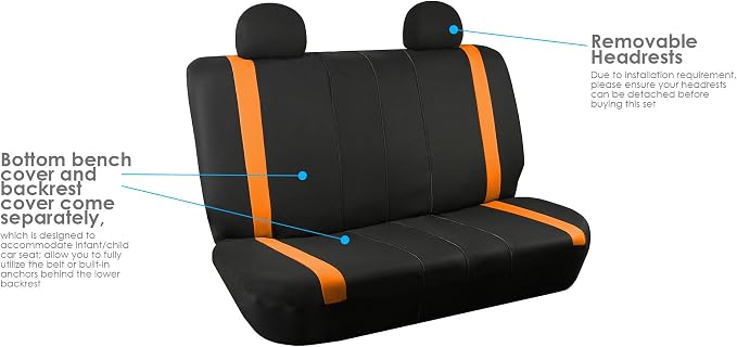 FH Group Automotive Seat Covers Unique Flat Cloth Orange Full Set, Combo Steering Wheel Cover and Seat Belt Pads Rear Solid Bench Universal Fit for Vans Cars Trucks and SUV Interior Accessories