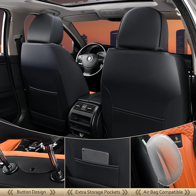 FLORICH Seat Covers for Cars, Waterproof Automotive Seat Covers, Leather Car Seat Covers 2 Pack, Universal Front Seat Cushion Protector for Most Cars Trucks SUV-Black&Orange