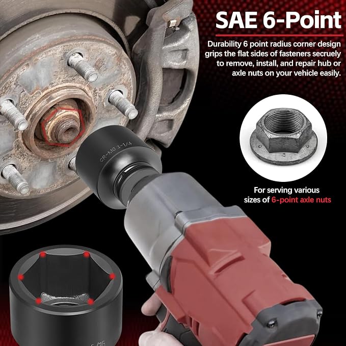 3/4" Drive Spindle Axle Nut Impact Socket Set, 6 Point Large Socket Set, CR-MO, 2-1/16" to 2-1/2", Heavy Duty Impact Socket Set Use In Removing And Installing Axle Nuts
