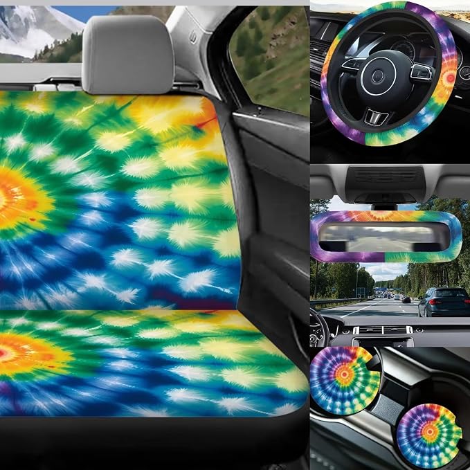 Tie Dye Car Seat Covers Full Set of 17 Pcs,Rainbow Tie Dye Car Accessories Sets with Rear View Mirror Cover,Auto Headrest Covers,Armrest Pad,Car Trash Can with Lid for Women Man