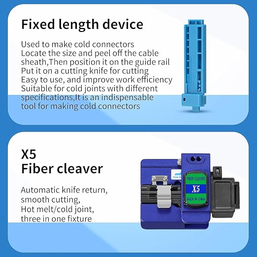 Fiber Optic Termination Tool Kit 11-in-1 Equipped Rechargeable Optical Power Meter L-C7 (-70 - +10 dBm) & VFL, Fiber Cleaver X5 and Wire Stripping Pliers, FTTH Hot melt/Cold Connection Tool Kit