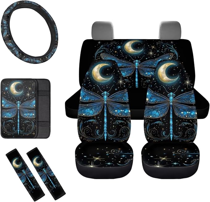 8 Pcs Moon Dragonfly Car Seat Covers Full Set Car Accessories for Women Front Seat Cover Steering Wheel Armrest Cover Seat Belt Cover for Auto SUV Interior Decoration